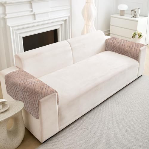Image of HOMETHREADS Innovative Premium Velvet Sofa Cover Mat with PVC Backing for Non-Slip Comfort | (Brown Vrsh, 2Pc Armrest Mat | 70x50cm)