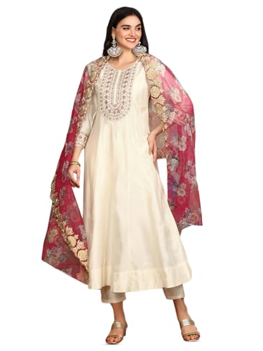 Image of ishin White Floral Embroidered Thread Work Straight Kurta With Trousers & Dupatta | Kurta set for women | Kurta with trousers and dupatta