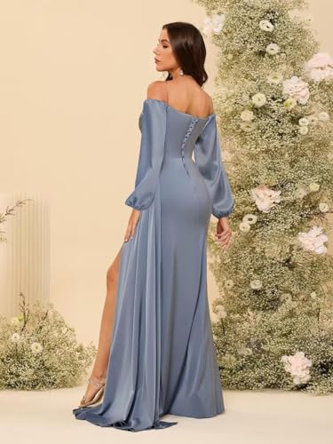 Women's Off Shoulder Long Sleeve Bridesmaid Dresses with Slit Satin Formal Prom Dress VS1292