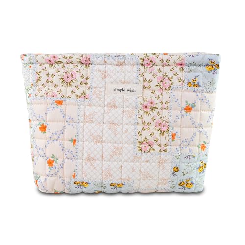 AMZMA Quilted Cotton Makeup Bag, Puffy Coquette Cosmetic Pouch for Women Teens Girls, Large Travel Toiletry Organizer, Cute Aesthetic Zippered Clutch