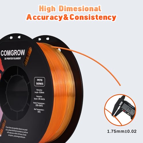 Image of Comgrow PETG 3D Printer Filament 1.75mm, High Precision and Tough 3D Printer Filament 1kg (2.2LBS), Dimensional Accuracy + /- 0.02 mm, Fit Most 3D Printers Gradient Orange White