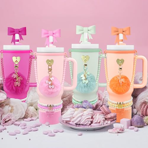 Hpebl 11PCS Fuchsia of Stanley Cup Accessories 30/40 OZ Water Bottle Tumbler Accessories Set Pearl Bow Charm for Stanley Decorations Including Bow Straw Topper, Pom Pom Keychain, Silicone Tumbler Boot - image 7