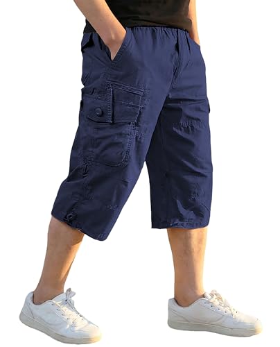 EKLENTSON Men's Cargo Shorts Casual Twill Elastic 3/4 Capri Pants Below Knee Long Shorts with 7 Pockets