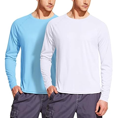 ATHLIO Men's Rashguard Swim Shirts, UPF 50+ Long Sleeve Loose-Fit Shirts, Cool Dry UV Protection Water T-Shirts, 2pack Sun Shirt White/Ocean, Small Cover