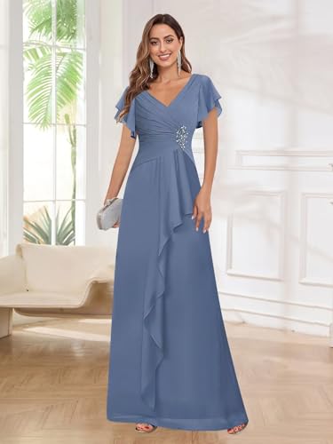 GUKARLEED Women’s Ruffled Mother of The Bride Dresses with Sleeves Beading Floral Long Ruched Formal Dress for Wedding Guest2