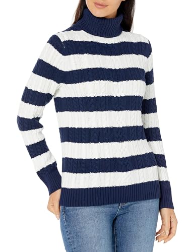 Amazon Essentials Damen Leichter Rollkragenpullover Mit Zopfmuster (Erhältlich In Übergröße), Marineblau Weiß Rugby-Streifen, L