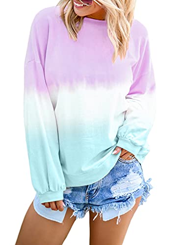 Eytino Women Casual Tie Dye Sweatshirt Long Sleeve Colorblock Pullover Hoodie Tops,Small Purple #TOP3
