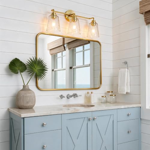 Image of WILON 3 Light Bathroom Light Fixtures Hammered Glass Vanity Light