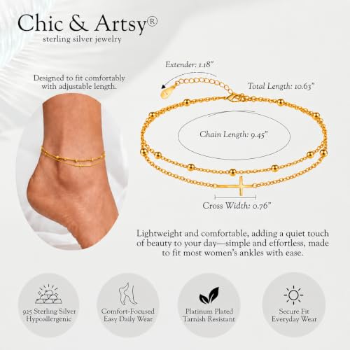 Image of CHIC & ARTSY 925 Sterling Silver Ankle Bracelets for Women, Adjustable Layered Foot Chains with Nature & Symbol Charms, Lightweight Comfort Fit Boho Beach Everyday Jewelry