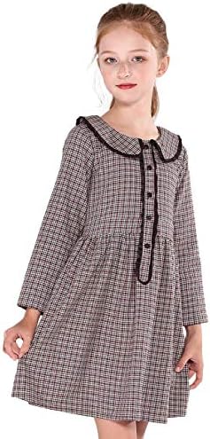 SOLOCOTE Girls Plaid Dress Cotton Casual Spring Long Sleeve Dresses Peter Pan Collar 191114 Check B 5-6Y Brown