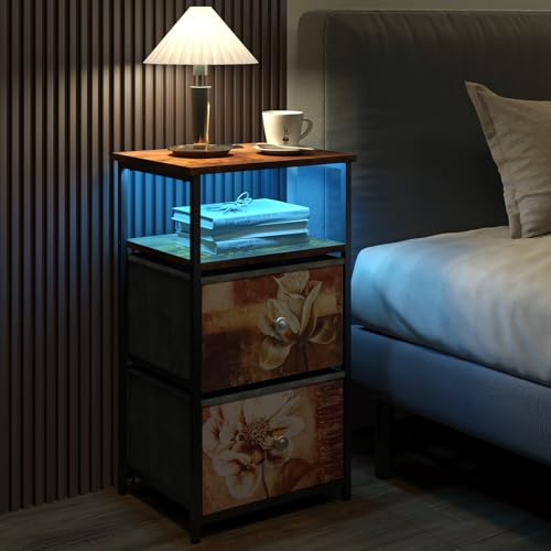 Image of ALBAD Nightstand with Charging Station and LED Lights, Brown Flower Drawers