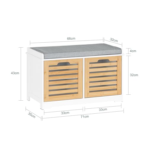SoBuy Banco Zapatero con Asiento, Banco Almacenaje con 2 Puertas y Cojín Acolchado – Banco Entrada Recibidor, Blanco+Natural, 71 x 35 x 43 cm, Soporta 133kg – FSR23-II-WN - imagen 3