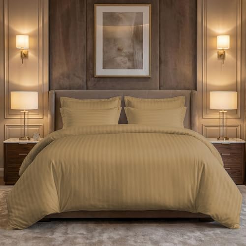 Image of LINENWALAS Cotton 300 Thread Count King Size Bedsheet Set | 2 cm Sateen Stripe Design | Cloud-Soft, Breathable & Skin-Safe | Oeko-TEX Certified Hotel-Style Bedding (108 x 108, Beige)