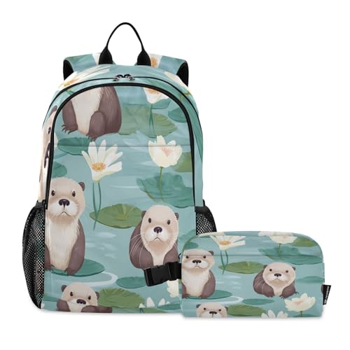 ALAZA Cute Sea Otter Backpack and Lunch Bag Set School Bag Bookbag Casual Daypacks for Kids Girls Boys Teens