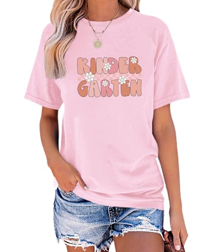 YZMI Kindergarten Teacher Shirts First Day of Preschool Shirt Teacher Letter Graphic Tees 1-Pink M