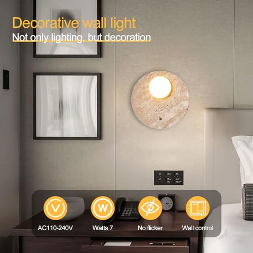 Image of Vintage Stone Wall Lights for Living room Bedroom Wall Lamp with G9 LED Glass Shade Indoor Round Travertine Sconce Wall Lights Fixtures with Switch for Vanity Staircases（Bulb Not Included）