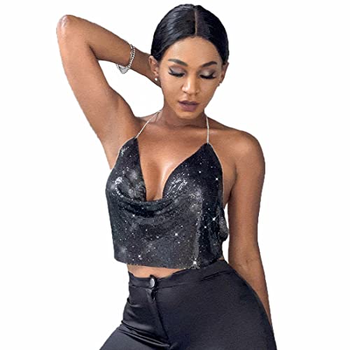 ITODA Damen Halter Top Tief V Neckholder Crop Top Rückenfrei Spaghettitop Sommer Durchsichtig Tank Top Y2K Metall Pailletten Trägertop Bauchfrei Spaghettiträger Tanktops für Nachtclub Party Schwarz