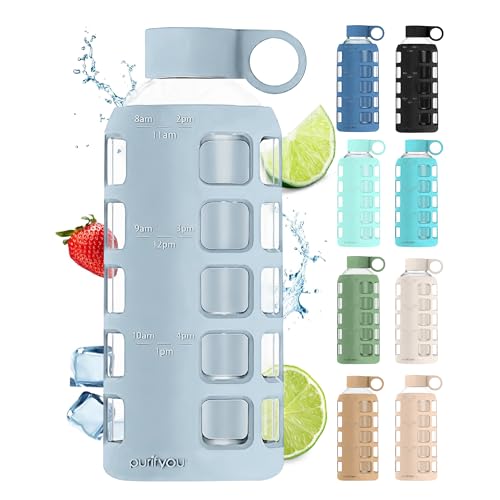 Image of purifyou 40oz / 32oz / 22oz / 12oz Borosilicate Glass Water Bottle with Time & Volume Markers, Silicone Sleeve, Stainless Steel Lid | Reusable Glass Bottle for Water & Juice (22oz Ice Blue)