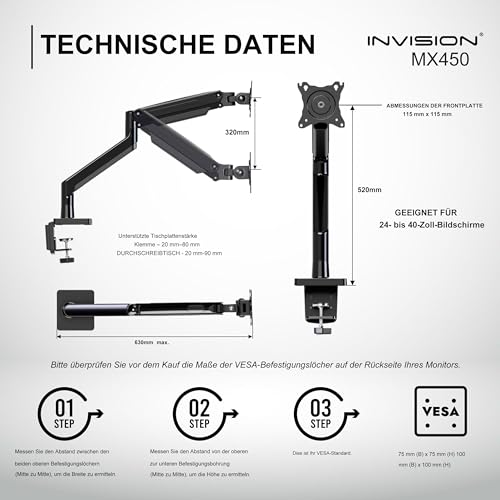 Invision Monitorarm Halterung fur Monitore von 24"-40" VESA 75/100mm ergonomisch höhenverstellbare Schreibtischklemme 2-15 kg (MX450) – Ansicht 6