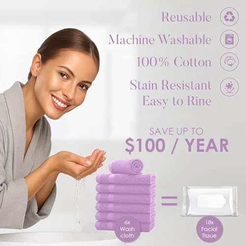 Image of DAN RIVER 12-Pack Premium 100% Cotton Lavendar Face Towels for Bathroom - Reusable Face Wash Cloths for Showering 12x12 Inches - 550 GSM Super Soft & Absorbent Luxury WashCloths for Body, Spa & Gym