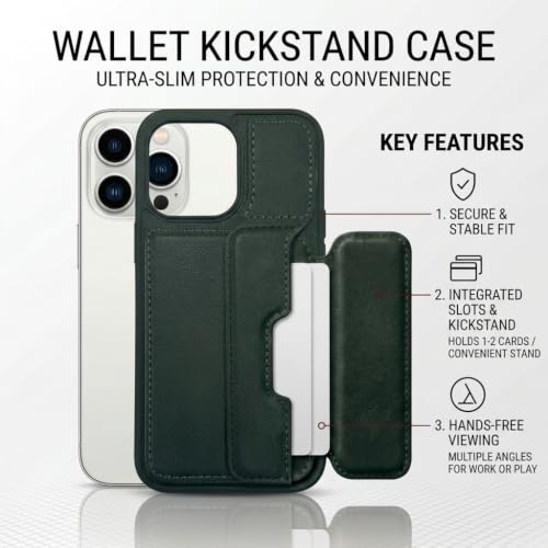 Image of amazon basics Luxury Vegan Leather Back Cover for iPhone 14 Pro | Built-in Card Holder Slot | Integrated Mobile Stand | Slim Shockproof Protective Case with Stitched Finish - Green