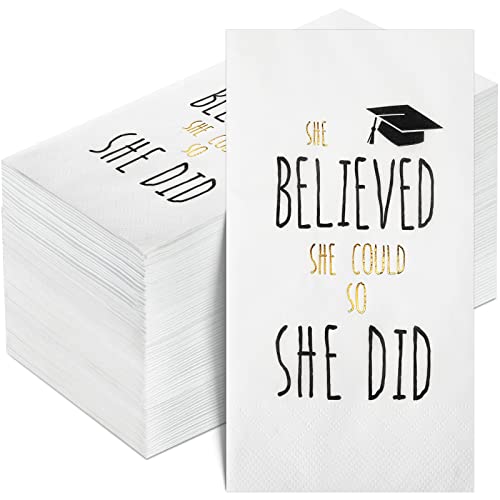 Pajean 100Pcs Class of 2025 Graduation Napkins Disposable Congrats Grad Dinner Cocktail Napkins Graduation Party Supplies for 2025 High School College Grad Party Decorations(Black Gold,Believed)