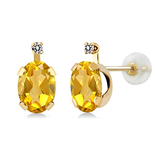 Gem Stone King 14K Yellow Gold Yellow Citrine and White Diamond Earrings For Women (1.21 Cttw, Gemstone November Birthstone, Oval 7X5MM)