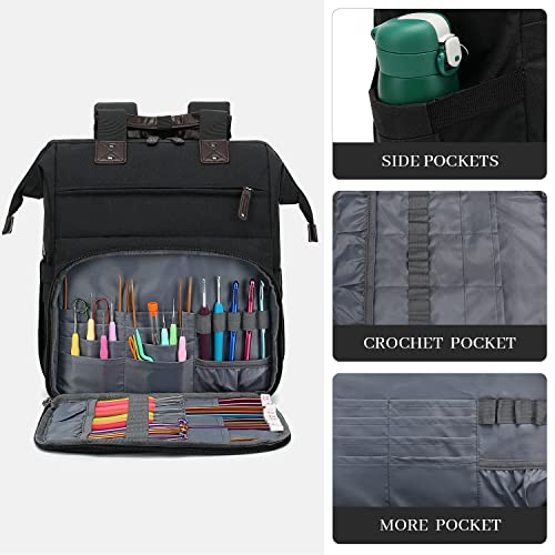 crochet backpackknitting bag backpack yarn storage organizer travel crochet bag with usb charging portyarn tote bag yarn holder case for knitting needles crochet hookscrochet accessoriesblack