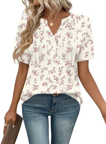 Rapbin Short Sleeve Shirts for Women Pleated V Neck Lace Blouses Dressy Casual Elegant Tops Loose peasant Summer T-Shirts