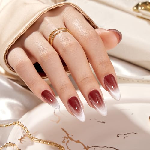 VSALON Press on Nails Medium Almond - Red French Tip Cat Eye Glit...