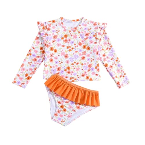 Image of Toddler Swimsuit Girl 3 Piece Rash Guard Bathing Suit Cute Little Girls Long Sleeve Quick Dry Swimwear Brown Flowers 4Y