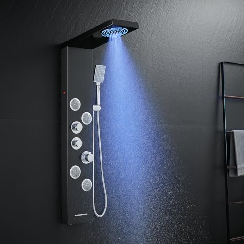 KINKIBOS LED Duschpaneel mit Thermostat, 6 Funktionen Duschpaneel mit LED Regendusche, Nebeldusche, 4 Massagedüsen, Handbrause und Wanneneinlauf, Duschsäule aus Edelstahl 304, Schwarz