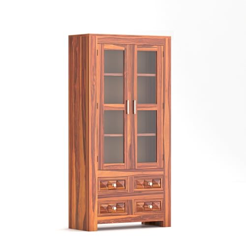 Image of Solid Sheesham Wood Book Cabinet | Tall Wooden Storage Unit with Glass Doors & 4 Drawers | Multipurpose Display Shelf for Living Room & Office | Natural Finish