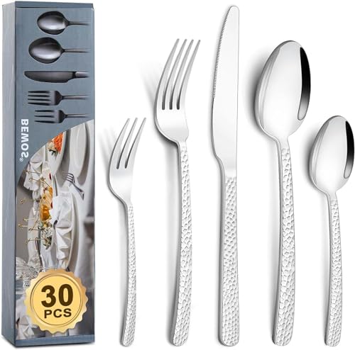 BEWOS 1567B - Juego de cubiertos acero inoxidable, acabado brillante, 30 unidades, para casa/cocina/restaurante/hotel