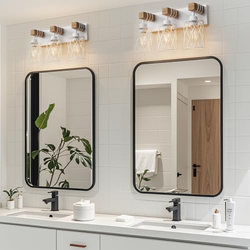 Image of IZORRO Farmhouse Bathroom Vanity Light, 3-Light Wood Bathroom Light Fixtures Over Mirror, Matte White Industrial Vanity Lights with Metal Shade, Rustic Restroom Lighting Fixtures
