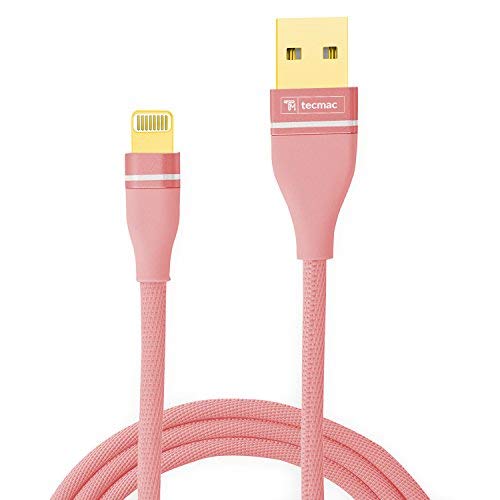 tecmac 2.0 Quick Fabric Braided 8-Pin USB Charging - Data Sync Cable | Gold Color Plated Connector | 1 Meter | Pink