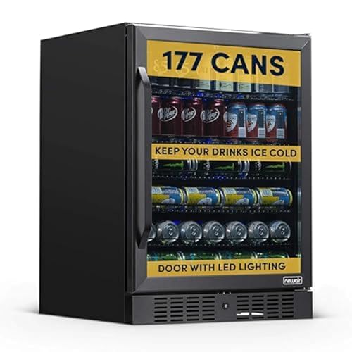 Image of NewAir Beverage Refrigerator with Glass Door | 177 Can Mini Fridge for Bedroom, Dorm, Office, or Gaming Setup | Soda, Beer, and Wine Cooler | Black Stainless Steel