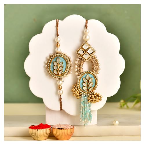 Image of CraftVatika Set of 2 Rakhi for Brother and Bhabhi, Designer Rakhis for Rakshabandhan, Bhaiya Bhabhi Rakhi Set for Rang Panchami, Best Wishes Greeting Card and Tillak Set, Premium Thread Raki for Him