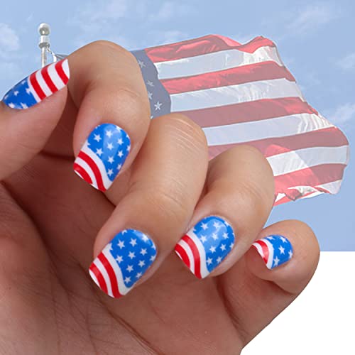 Independence Day Full Cover Coffin Shape False Nails, Press on Nails Short Square, Glue On Nails with Patriotic Designs, Women Acrylic Fake Nails for July 4th, Artificial Reusable Stick on Nails