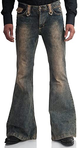 Men's Vintage Flared Leg Denim Jeans Classic Patchwork Bell Bottom Denim Pants
