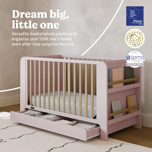 Image of Graco Read-with-Me 4-in-1 Convertible Crib with Drawer - GREENGUARD Gold Certified Converts to Toddler Bed, Daybed, and Functional Bookshelves (Blush and Driftwood)