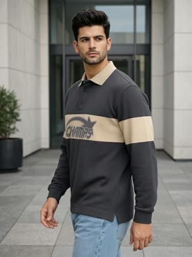 Image of Veirdo Men's Loopknit Cotton Oversized Baggy Fit | Full Sleeve Polo T-Shirt | Casual Streetwear with Ribbed Cuffs Travel | Sizes: S to XXL