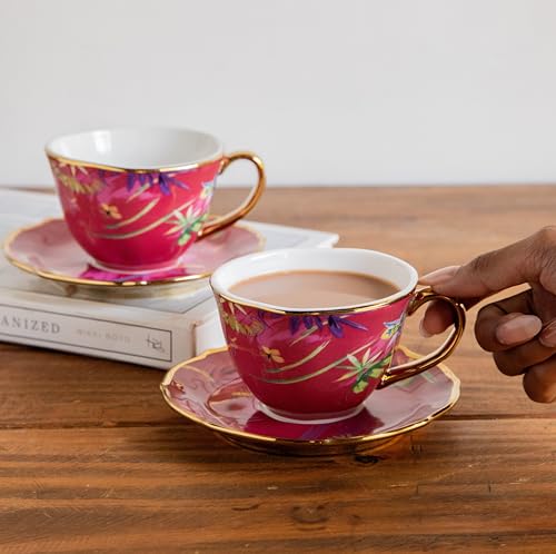 Image of Octavius Imperial Crimson Bloom Tea Set - 6 Porcelain Cups & Saucers, 200ML | Fine Floral Design with Gold Rims & Handles | Elegant Tea Set for Gifting, Home & Special Occasions