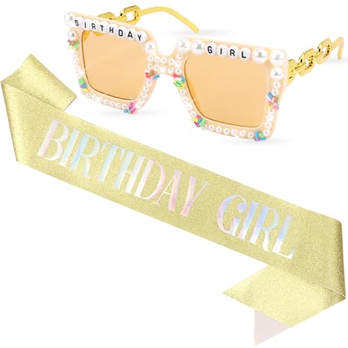 Tihebax Birthday Girl Sash & Glasses Set, Gold Glitter Birthday Sash for Women Girls, Happy Birthday Decorations Outfits Accessories Party Favors Set for Women Girls