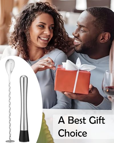 Stainless Steel Cocktail Muddler & Mixing Spoon Set — 10 Inch Bar Tool Kit for Home Bartenders, Ideal for Mojitos, Margaritas, Mint & Fruit Cocktails, Silver