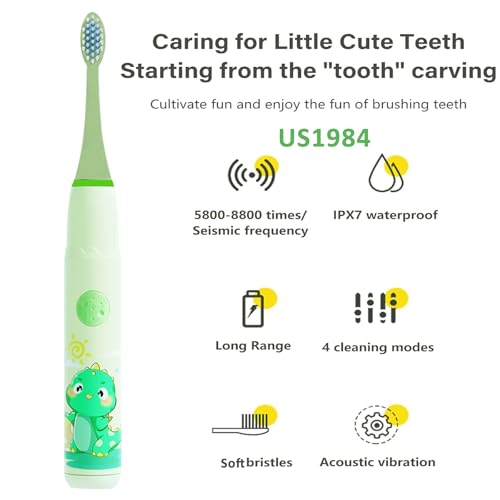 Image of Sonic Electric Toothbrush for Kids with 4 Modes, 3 Brush Heads & Rechargeable Battery, Ultra Soft Nylon Bristles, IPX7 Waterproof, Electric Power Tooth brush (Green)
