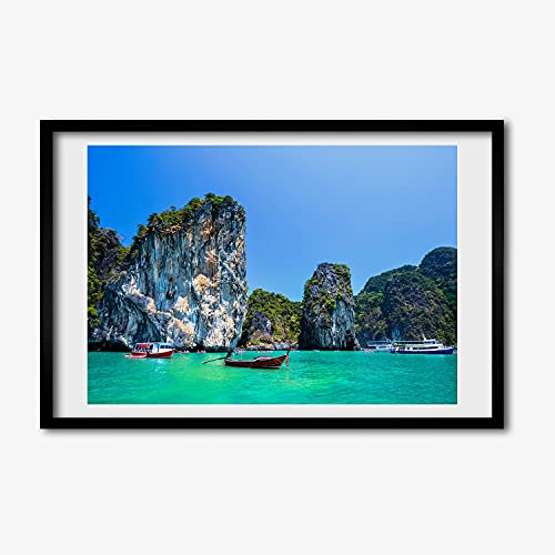 Peinture 60x40 cm Tulup cadre bois MDF - Affiche murale moderne bateaux Thaïlande