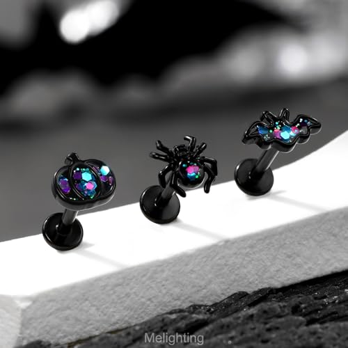 MeIighting 3PCS Black Helix Earrings 16G 8mm Bat Cartilage Earrings Internally Threaded Stainless Steel 316L Halloween Pumpkin Tragus Piercing Spider Flat Back Earring For Women3