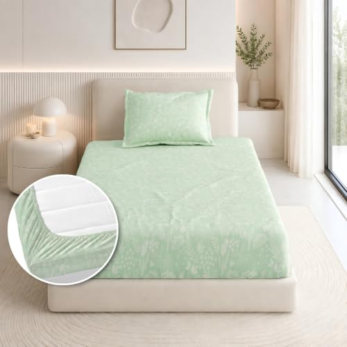 Image of haus & kinder Elastic Bedsheet Single Bed, 37 x 78 x 11 Inches Single Bedsheet Cotton Elastic Fitted with 1 Pillow Cover, Pure Cotton 186 TC, Breathable Wrinkel Free - Verdant Whispers of Giverny