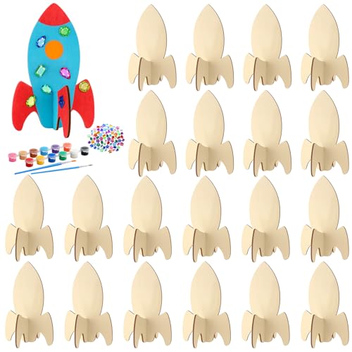 Blueweenly 24 Pcs DIY Wood Rockets Painting Crafts Kits for